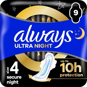 Bild på Always Ultra sanitetsbindor Secure Night (storlek 4) vingar 9 st