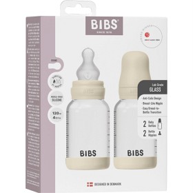 Bild på BIBS Glass Baby Bottle Round Silicone 2-pack 120 ml Slow Flow, Ivory