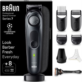 Bild på Braun skäggtrimmer Serie 7 BT7441, med barberarverktyg