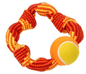 Bild på Buster Colour Squeak Rope Circle med tennisboll, Röd/Orange/Gul 20 cm