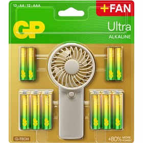 Bild på GP Ultra Alkaline 12xAA + 12xAAA-batterier + handfläkt