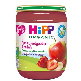 Bild på HiPP Fruktpuré Äpple, Jordgubbar & Hallon 6M 190 g