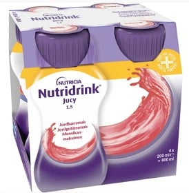 Bild på Nutridrink Jucy, jordgubb, energirikt kosttillägg, klar, fettfri 4 x 200 ml