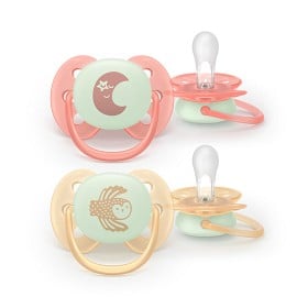 Bild på Philips Avent Ultra Soft nattnapp, 0-6 månader, lyser i mörkret, 2 st Rosa/Gul