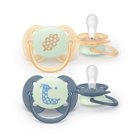 Bild på Philips Avent Ultra Soft nattnapp, 6-18 månader, lyser i mörkret, 2 st Grå/Gul