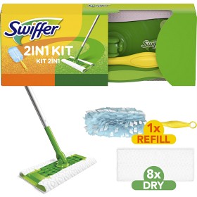 Bild på Swiffer 2in1 Kit (1 mopp + 8 torra rengöringsdukar + 1 dammvippa)
