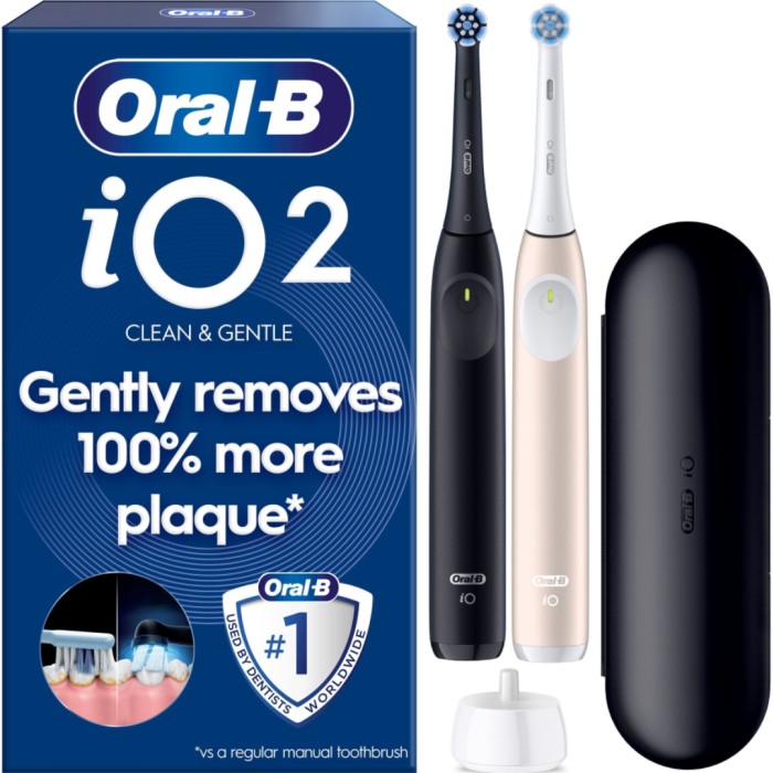 Oral-B iO2 Eltandborste Duo-pack, Svart och Rosa, 2 tandborsthuvuden, resefodral - Eltandborstar - Apotea