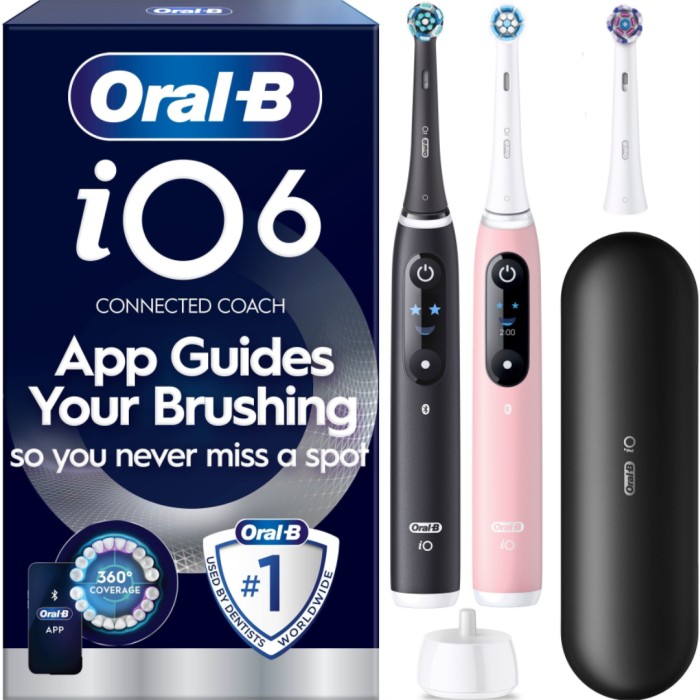 Oral-B iO6 Eltandborste, Duo-pack, Svart och Rosa, 3 tandborsthuvuden, resefodral - Eltandborstar - Apotea