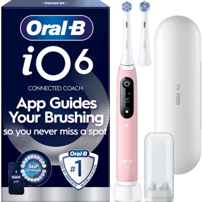 Oral-B iO6 Eltandborste, Rosa, 2 tandborsthuvuden, resefodral - Eltandborstar - Apotea