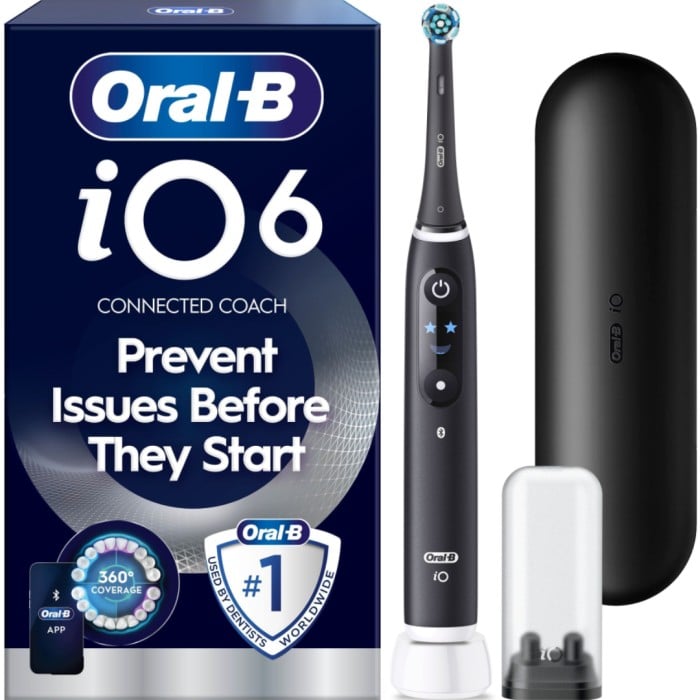 Oral-B iO6 Eltandborste, Svart, 2 tandborsthuvuden, resefodral, hållare till borsthuvud - Eltandborstar - Apotea
