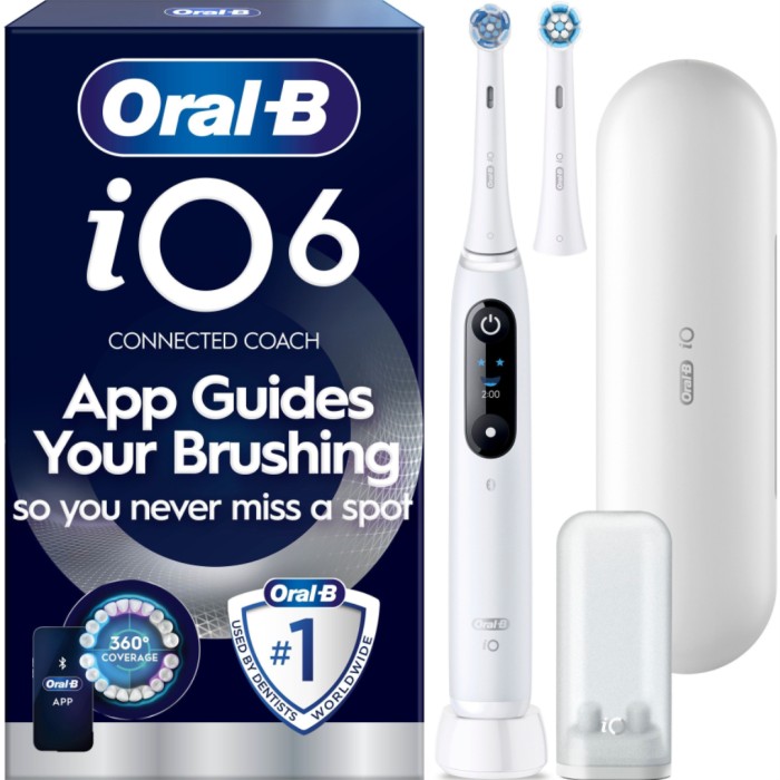 Oral-B iO6 Eltandborste, Vit, 2 tandborsthuvuden, resefodral - Eltandborstar - Apotea